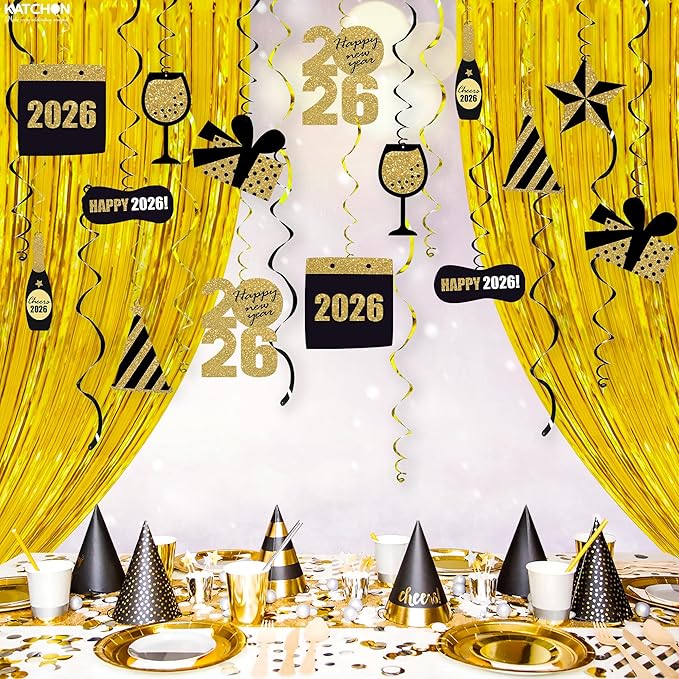 KatchOn, Happy New Year Hanging Swirls - Pack of 30, No DIY | Ceiling Decorations, New Years Eve Party Supplies 2026 | Happy New Year Decorations 2026 | NYE Decorations | New Years Eve Decorations