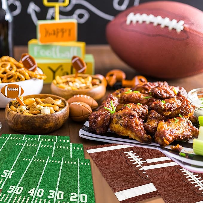 100-Pack Football Party Napkins, 2 Designs, 6.5 Inchs Disposable Paper Napkins, Football Birthday, Tailgate Party Decorations & Supplies
