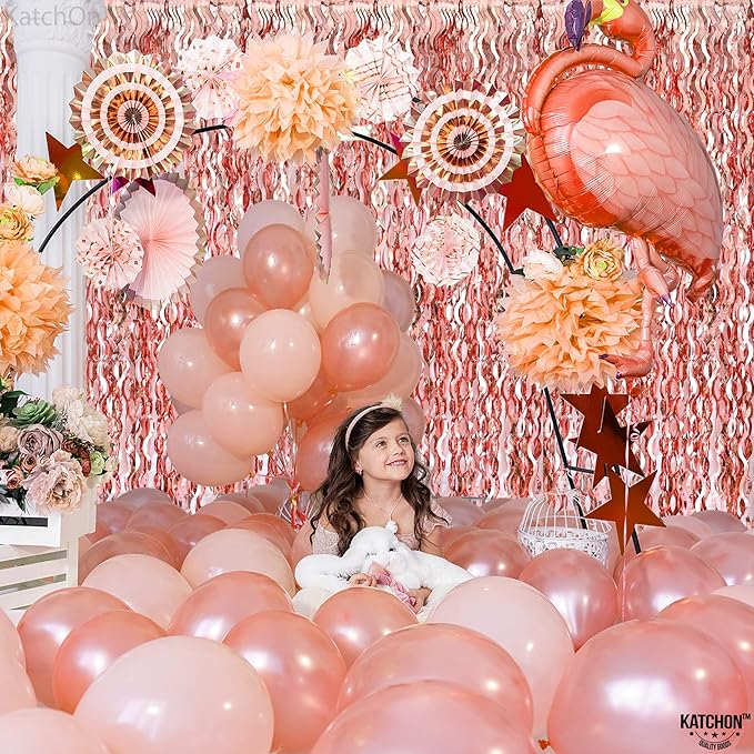 KatchOn XtraLarge Wavy Rose Gold Fringe Backdrop - 3.2x6.5 Feet Pack of 2 | Wine Bachelorette Party Decorations | Birthday Decorations for Women