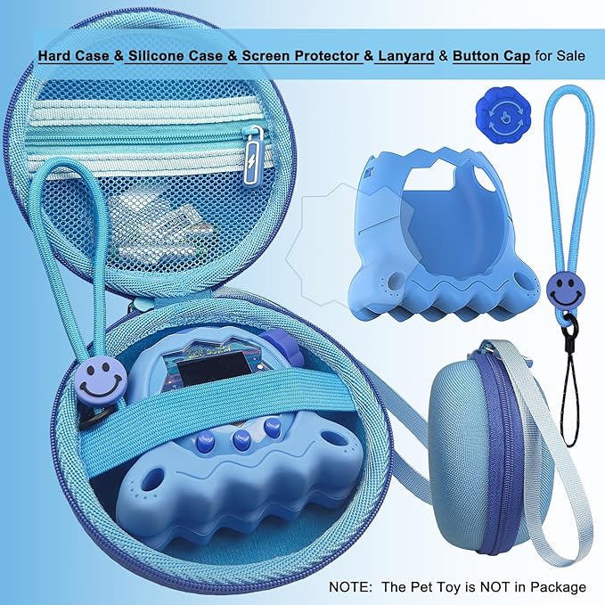 JCHPINE Hard Case and Silicone Cover for Tamagotchi Paradise Electronic Pet, Protective Cases for Tamagotchi Paradise with Screen Protector and Lanyard (Blue)