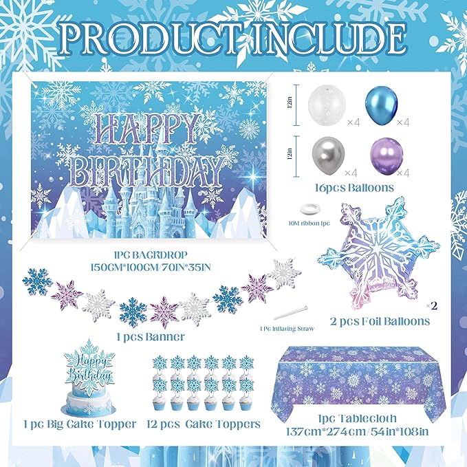 Frozen Birthday Party Decorations For Girls,Happy Birthday Backdrop,Banner,BlueBalloons,Table Cloth,Paper pom poms Party Supplies for Women