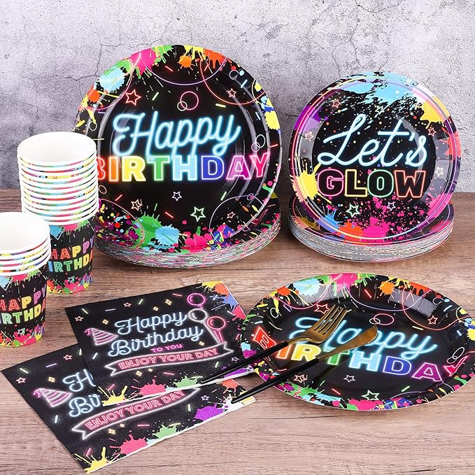 Durony 100 Piece Neon Glow Party Supplies - Glow In Dark Tableware Set Includes Paper Plates, Cups, Napkins - Neon Birthday Party Decorations - Serves 25 Guests