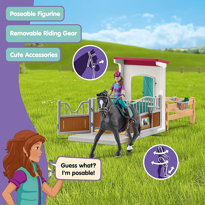 Schleich Horse Club - 25 PC Lisa and Storm Horse Toy Stall Playset with Accessories - Customizable Stable Name Tag - Realistic, Posable Rider and Pony Toys for Girls and Boys - Kids Ages 5+ - 42709