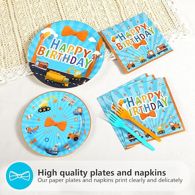 96 Pcs Blue Orange Cartoon Party Supplies Cartoon English Teacher Paper Plates Blue Orange Birthday Party Platter Tableware for Boy Girl Kids Teacher Back to School Themed Parties Decor Serves 24