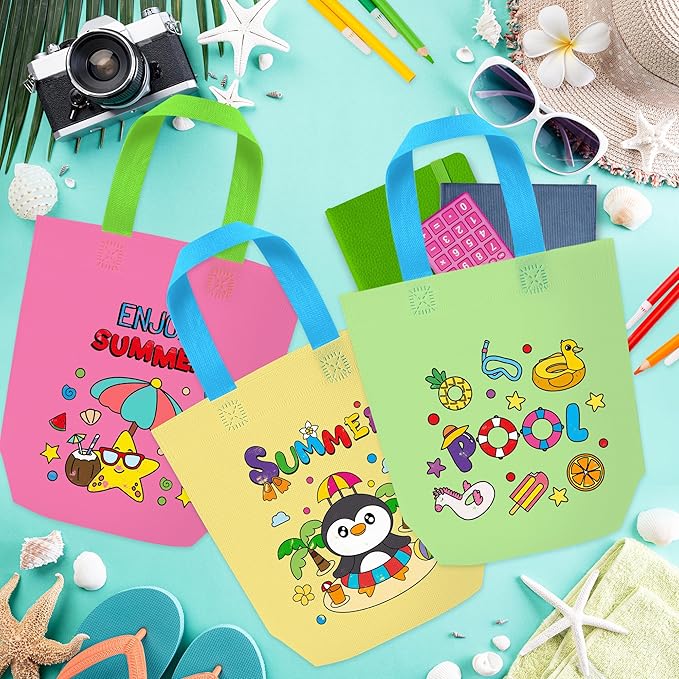 Summer Coloring Goodie Bags for Kids - 24Pcs Hello Summer Beach Bulk Color Your Own Gift Bags with Handle Pool Theme Reusable Coloring Bag Non Woven Tote Bag for DIY Crafts Painting Party Favors
