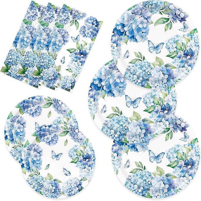 150pcs Hydrangea Plates Napkins Hydrangea Party Supplies Floral Tableware Set for Summer Wedding Birthday Tea Party Supplies Serve 50 Guests