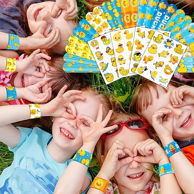 72PCS Duck Party Favors - 48PCS Pre-cut Temporary Tattoos & 24PCS Slap Bracelets - Cute Birthday Party Supplies, Decorations, Baby Shower Gifts, Classroom Prizes, and Rewards for Boys & Girls