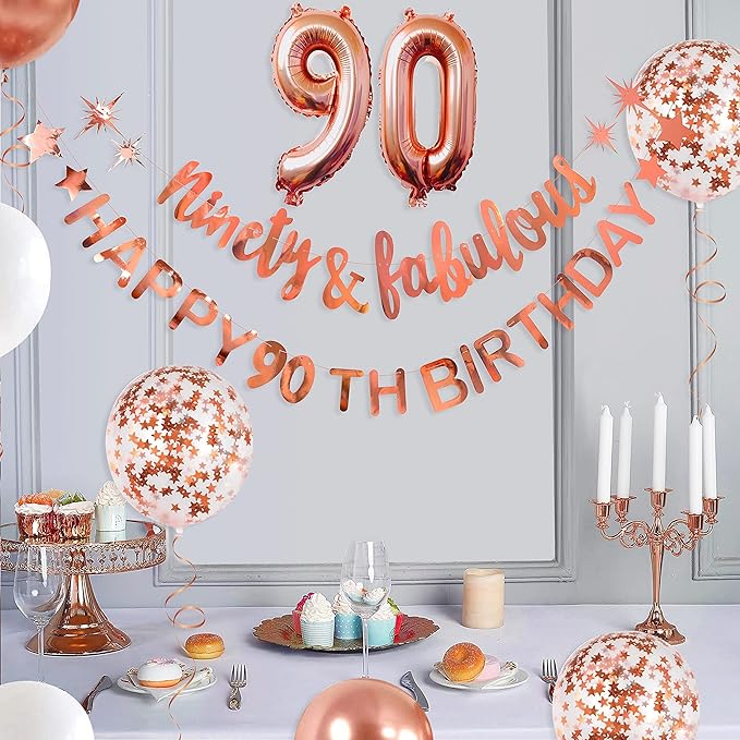 Rose Gold Ninety & Fabulous Happy 90th Birthday Banner Garland Foil Balloon 90 for Womens 90th Birthday Decorations Hanging 90 and Fabulous Cheers to 90 Years Old Birthday Party Supplies Backdrop