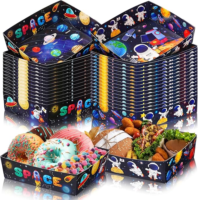 Mifoci 36 Pack Outer Space Birthday Party Decorations Space Themed 5 lb Large Solar System Planet Nacho Boats Severing Food Trays for Kids Astronaut Galaxy Party Supplies