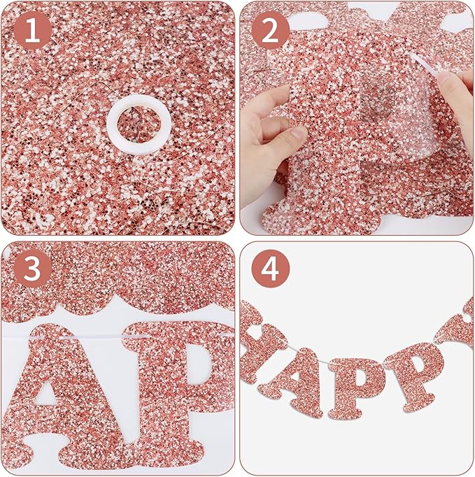 Glitter Rose Gold Happy Birthday Banner Birthday Party Decorations Sign Garland Bunting Banner for Wall Decor Party Background for Kids Boys Girls Adults