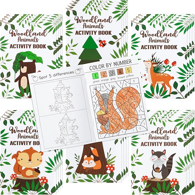 Dvbonike 24Pcs Woodland Animals Activity Books for Kids Forest Creatures Mini Fun Games Coloring Book in Bulk Wild Party Favors Goodie Bags Stuffers for Birthday Classroom School Rewards Supplies