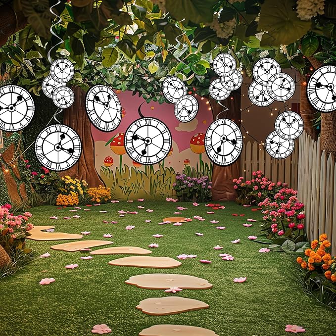 60Pcs Wonderland Clock Hanging Swirls Wonderland Tea Birthday Party Decorations Curious Clock Ceiling Streamers Fairytale Themed Hanging Decorations for Birthday Baby Shower Tea Party Supplies