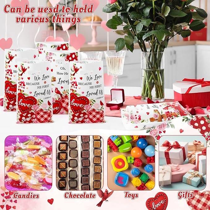 Religious Valentine’s Day Party Favor Bags - 50Pcs Valentines Religious Christian Cross John 4:19 Goody Candy Treat Bags, Bible Verse Themed Party Decorations for Church Sunday School