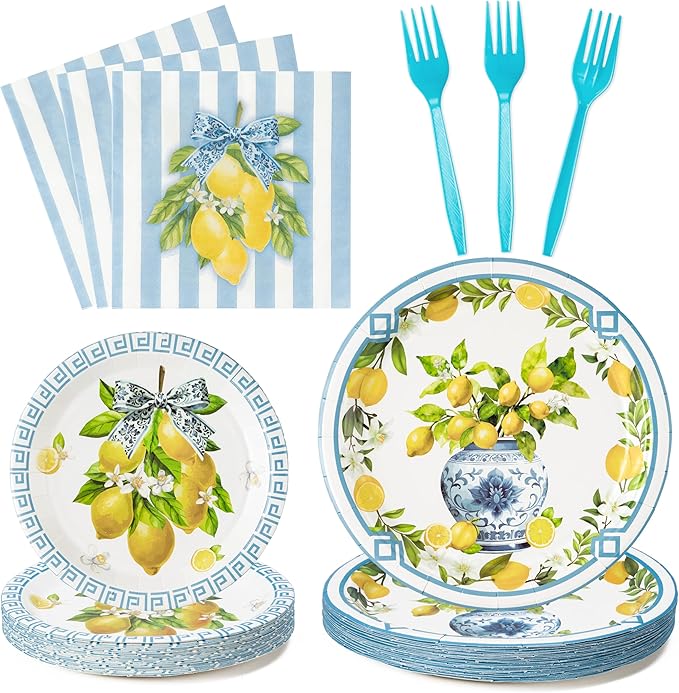 96Pcs Chinoiserie Vase Lemon Party Plates Supplies Capri Lemon Blue White Vase Tableware Decorations Disposable Paper Plates Napkins Forks for Birthday Summer Party Wedding, Serves 24