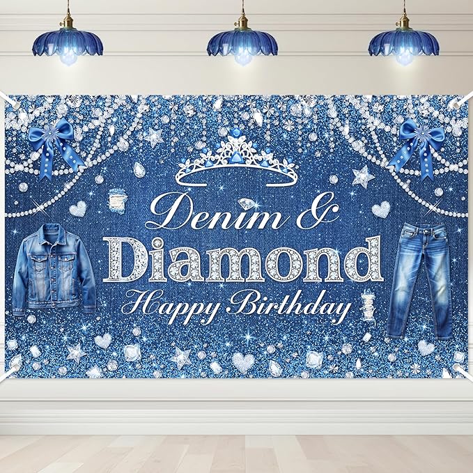 Avezano Denim and Diamonds Birthday Party Decorations Birthday Backdrop for Women Denim and Diamond Happy Bday Banner Crystal Party Supplies 6 x 3.6 ft