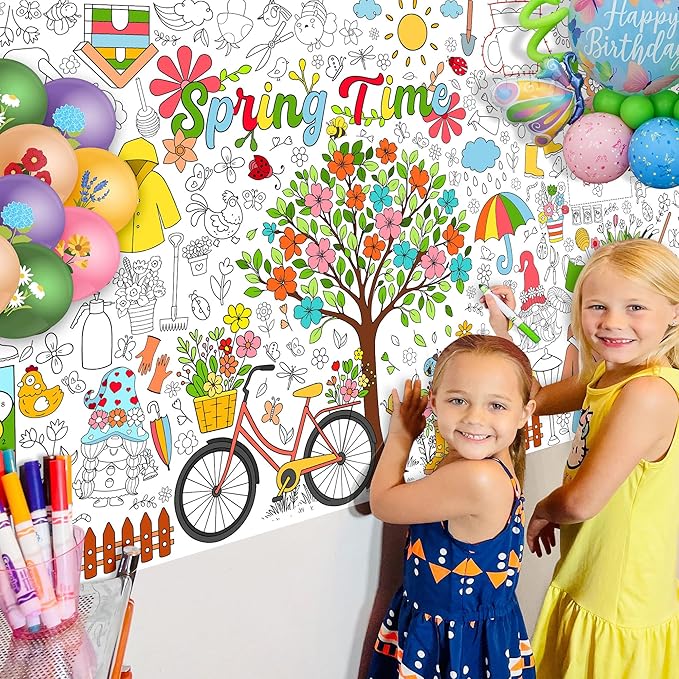 Spring Coloring Tablecloth for Kids, Giant 30x72 Inch Poster with Flowers, Rainbows, Nature Icons, Perfect for Party Games, Seasonal Decorations, Creative Activities, Event Supplies