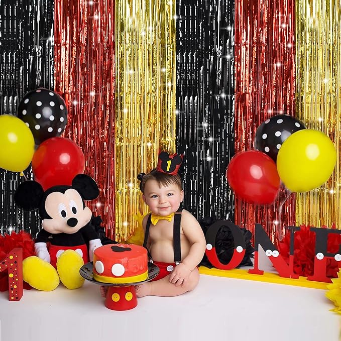 TONIFUL Black Red Gold Door Streamers,Black Red and Gold Photo Booth Backdrop Metallic Streamers Foil Fringe Curtain for Mouse Themed Birthday,New Year,Graduation,Baby Shower Party Decoration