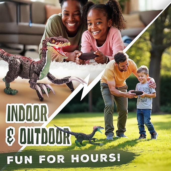 Remote Control Dinosaur Toy for Kids - RC Dinosaur - Walking Velociraptor Toy with Mist Spray, Lights & Roar - Birthday Gift Ideas for Boys and Girls 3-5 5-7 8-12 Year Old