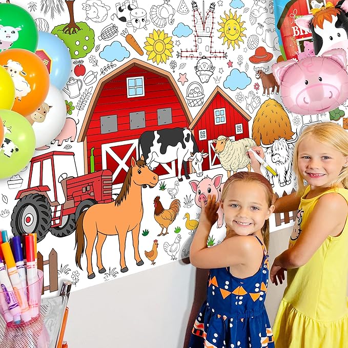 Farm Coloring Tablecloth for Kids, Giant 30x72 Inch Poster with Barns, Tractors, Animals, Perfect for Farm Party Games, Country Decorations, Classroom Activities, Event Supplies
