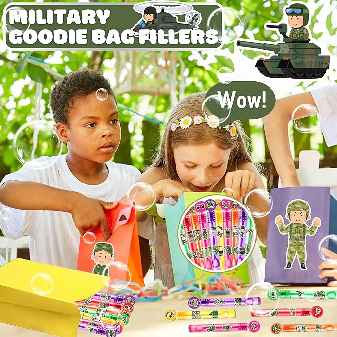 Military Party Favors for Kids - 24PCS Army Bubble Wands Camouflage Theme Birthday Party Supplies Goodie Bag Fillers Classroom Rewards