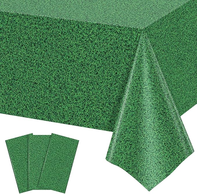 3 Pack Green Grass Field Plastic Tablecloth, 54 x 108 Inch Golf Table Cloth Disposable Tablecloths for Rectangle Tables Waterproof Sports Theme Table Cover for Golf Football Birthday Party Supplies