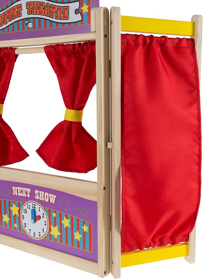 HEY! PLAY! Puppet Theater for Kids - Wooden Tabletop Toy with Curtains, Blackboard, and Clock to Inspire Imagination and Creativity in Boys and Girls