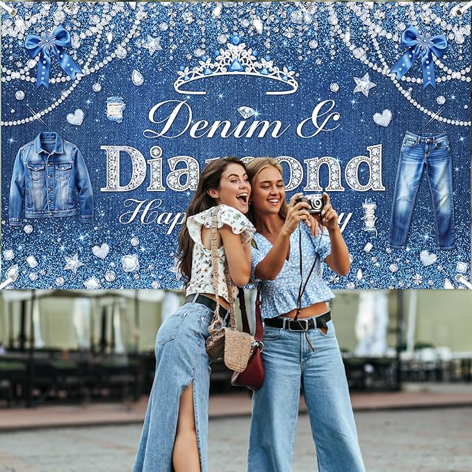 Avezano Denim and Diamonds Birthday Party Decorations Birthday Backdrop for Women Denim and Diamond Happy Bday Banner Crystal Party Supplies 6 x 3.6 ft