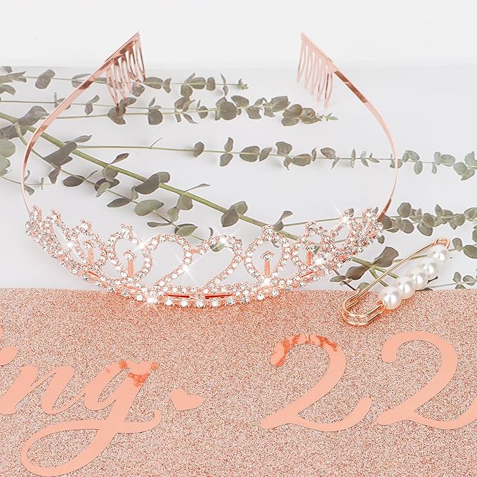 CIEHER 22nd Birthday Sash and Tiara Rose Gold, 22nd Birthday Decorations for Women 22nd Birthday Gifts 22nd Birthday Sash 22 Year Old Birthday 22nd Birthday Cake Topper
