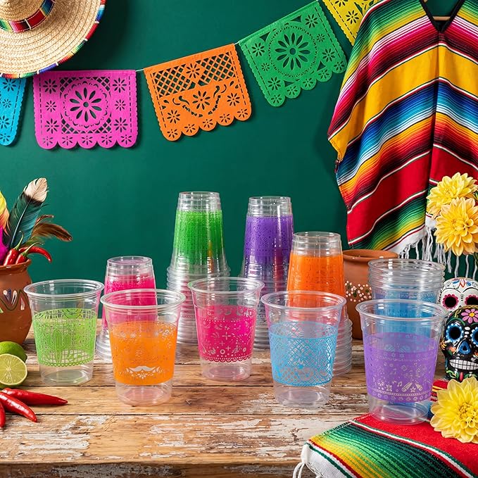 100 Pack Fiesta Plastic Cups, Mexican Papel Picado Disposable Clear Cups with 5 Pattern Designs for Cinco de Mayo, Taco Theme Birthday Party Decorations, 12OZ