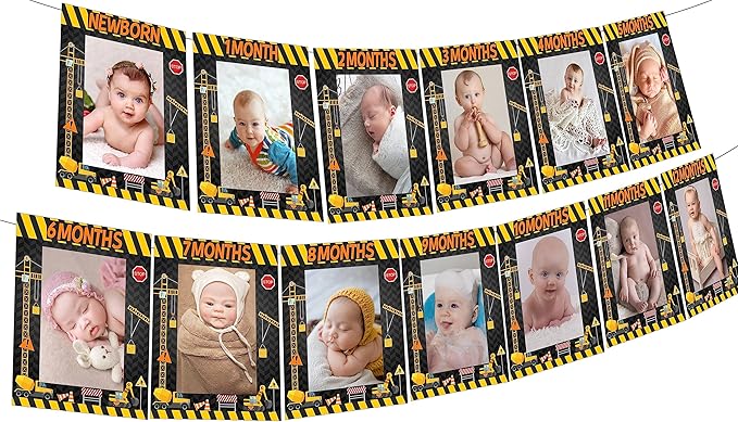 Sursurprise Construction 1st Birthday Party Supplies, Construction Photo Banner from Newborn to 12 Months, Dump Truck Excavator Vehicle First Birthday Decorations