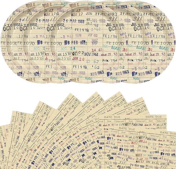48 Pcs Due Date Card Book Club Vintage Beverage Napkins and plate Decorations Book Lovers Gifts or Reading Themed Dinnerware Party Supplies