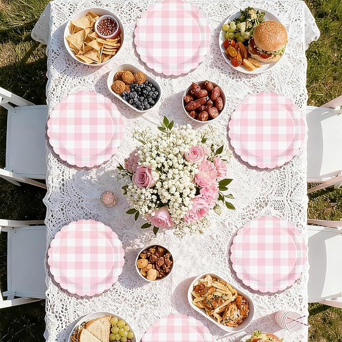 50Pcs Pink Gingham Paper Plates 9Inch Heavy Duty Pink White Scalloped Plaid Disposable Dessert Plates Checkered Party Decorations for Kids Baby Shower BBQ Birthday Bride Wedding Party Supplies
