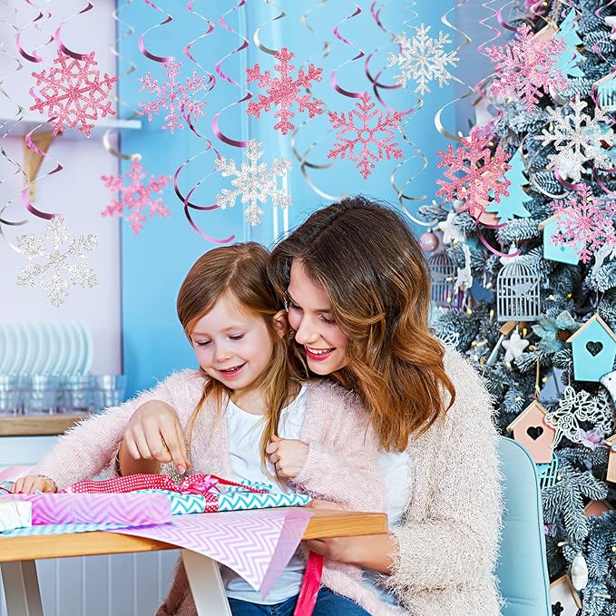 Sumind 30 Pcs Winter Party Wonderland Decorations Snowflake Hanging Swirls Ceiling Decor Winter Baby Shower Streamers Christmas Hanging Decor Holiday Birthday Wedding Party Supplies(Pink, Silver)