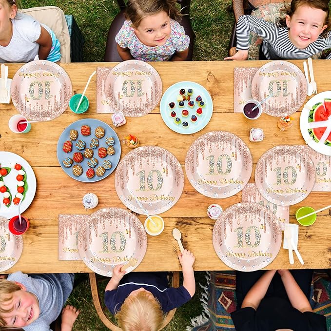 50Pcs Rose Gold 10th Birthday Party Paper Plates and Napkins Girls 7 Inch Rose Gold 10 years Old Table Decorations Happy Ten Years Old Tableware Set Serves 25 Guest Pink 10th Birthday Party Supplies
