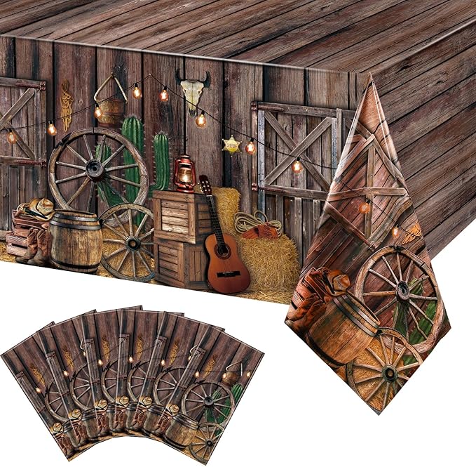 Tiamon 6 Pcs Western Party Tablecloth Western Cowboy Party Table Cover Cowboy Theme Plastic Tablecloth Wild West Wooden House Table Cover for Birthday Supplies