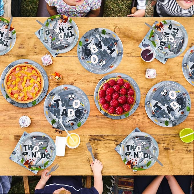 96Pcs Twonado Birthday Party Decorations Grey Tornado 2nd Birthday Plates and Napkins Disposable Tornado Paper Tableware for Boys Kids 2 Year Old Party Supplies, Serves 24