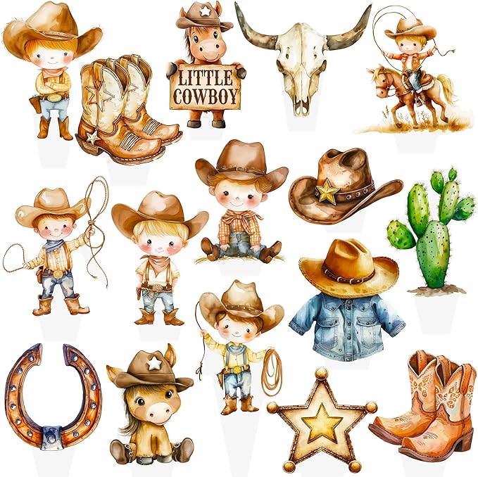 48pcs Western Cowboy Theme Cupcake Toppers for Boy Little Cowboy Baby Shower Cupcake Decorations for First Rodeo Birthday Party A Little Cowboy is On The Way Party Supplies
