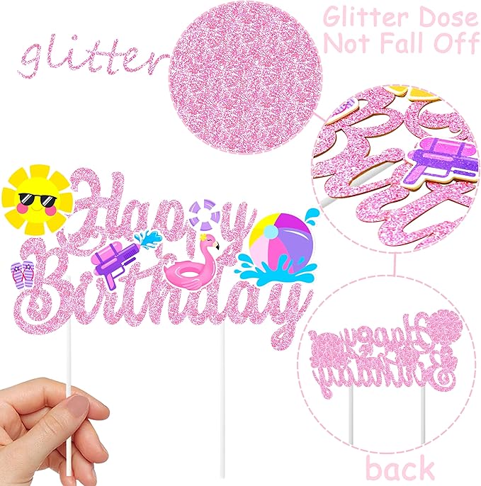 Pool Party Birthday Cake Topper Summer Pool Birthday Party Decorations Pink Glitter Summer Beach Happy Birthday Cake Topper Decorations for Boys Girls Summer Holiday Birthday Party Favor Supplies