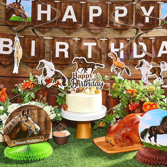 Tinlade 29 Pieces Horse Party Decorations Horse Birthday Banners Cowboy Hanging Swirls Hanging Cards Cupcake Toppers Honeycomb Centerpiece for Birthday Party Supplies(Classic)