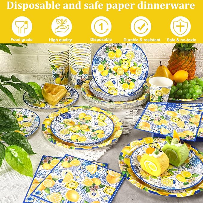 Hsei 250 Pcs Capri Lemon Plates and Napkins Party Decorations Disposable Tableware Sets Festival Birthday Party Supplies Serves 50 Guests Dinnerware Bridal Shower Party Favors