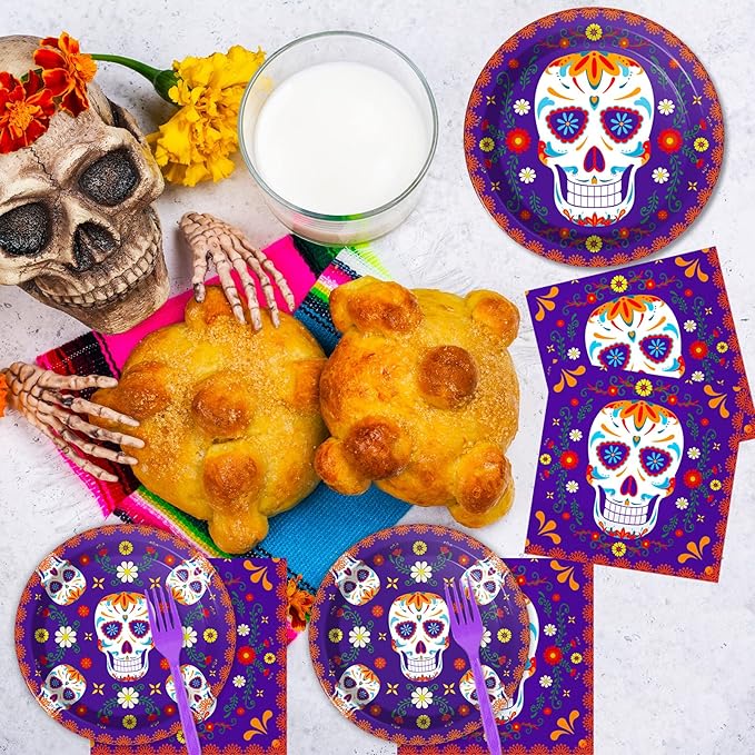 96 Pcs Day of The Dead Tableware Set Colorful Skull Marigold Decors Mexican Fiesta Theme Party Dessert Plates Napkins Forks for Day of The Dead Party 24 Guests