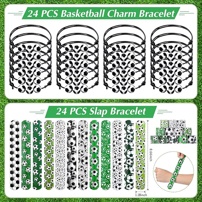 Aoriher 120 Pcs Soccer Sports Party Favors Set Serve 24, Soccer Goodie Bulk Foam Finger Mini Stress Ball Slap Bracelet Charm Bracelet Stamp for Girl Boy Kids Party Supplies