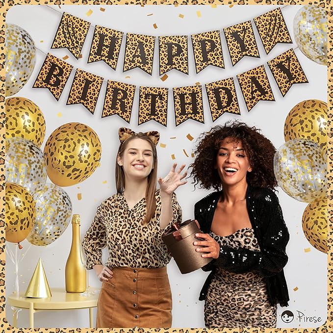 Pirese Cheetah Happy Birthday Banner – Cheetah Birthday Decorations, Leopard Party Decor, Safari Theme Party Supplies, Animal Print Party