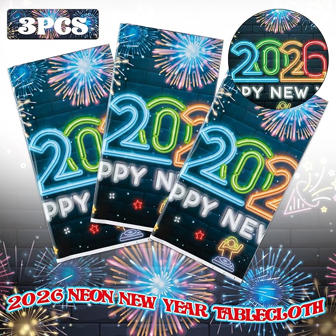 Neon New Year Tablecloth - 3Pack 2026 Happy New Year Eve Glow in The Dark Tablecovers Decoration Rectangle Tablecloth Carnival Party Table