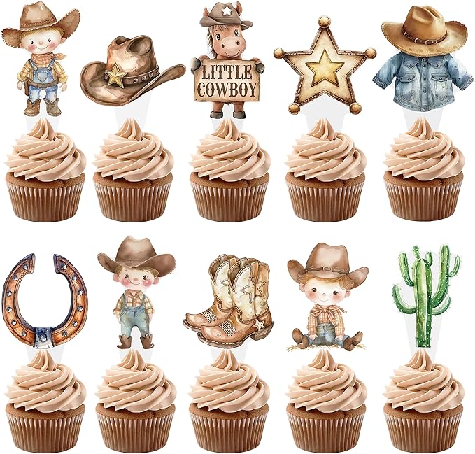 48pcs Western Cowboy Theme Cupcake Toppers for Boy Little Cowboy Baby Shower Cupcake Decorations for First Rodeo Birthday Party A Little Cowboy is On The Way Party Supplies