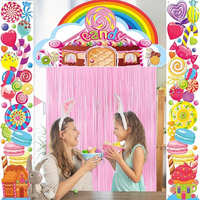 Crenics Candyland Party Decorations, 3Pcs Candyland Door Covers with Foil Fringe Curtain for Kids Candy Land Party Supplies