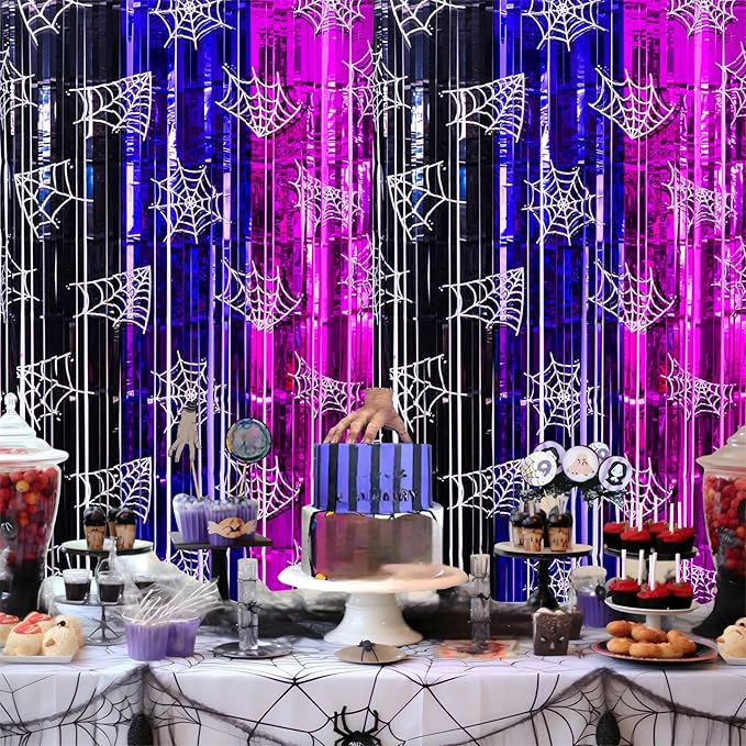 Wednesday Birthday Party Supplies, 2 Pack Wednesday Party Decorations 3.3x6.6ft Black Purple and Pink Tinsel Foil Fringe Curtains, Gothic Photo Booth Prop Backdrop Streamer for Girl in Dark