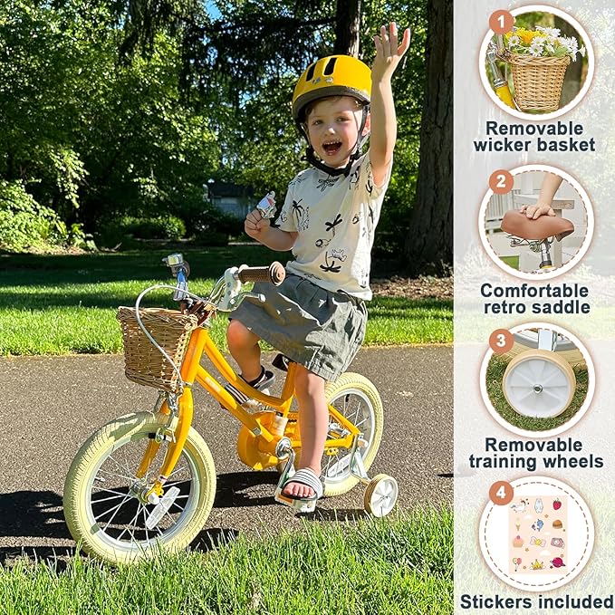 Petimini Vintage Kids Bike for Girls, 12–20 Inch Classic Bicycle with Wicker Basket & Bell, High Tensile Steel Frame, Training Wheels (12–18”), 85% Pre-Assembled, Retro Bike for Outdoor Riding