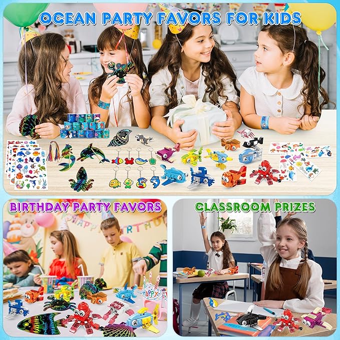 LINAYE 24 Packs Ocean Party Favors for Kids - 144 Pcs Under The Sea Party Favors with Marine Animals Building Blocks, Tattoo Stickers Sheets, Slap Bracelets Goodie Bag Stuffers for Kids