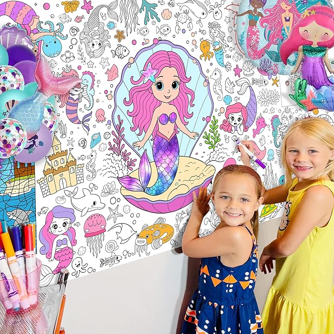 Mermaid Coloring Tablecloth for Kids, 30x72 Inch Poster with Mermaids, Seashells, Underwater Scenes, Idea for Mermaid Party Games for Girls, Sea Decorations, Classroom Fun, Event Supplies